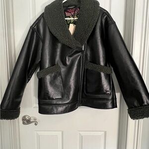 Scotch & Soda Black Leather Jacket with Green Trim